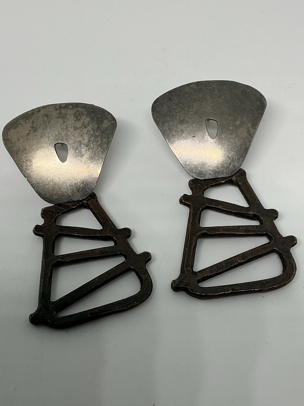 Vintage Brutalist Mixed Metal Dangle Earrings Silver-Tone & Bronze Geometric